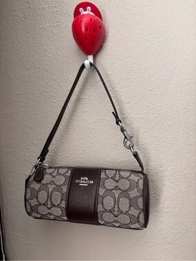 Coach Mini Barrel Bag in Brown Signature Canvas with Dark Brown Trim